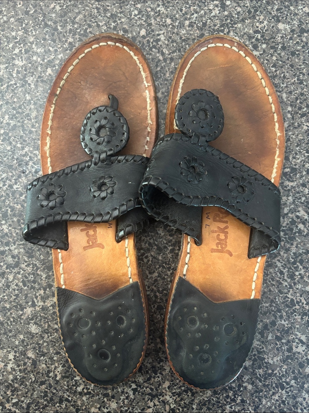 Jack Rogers Black Leather Whipstitch Slide Sandals